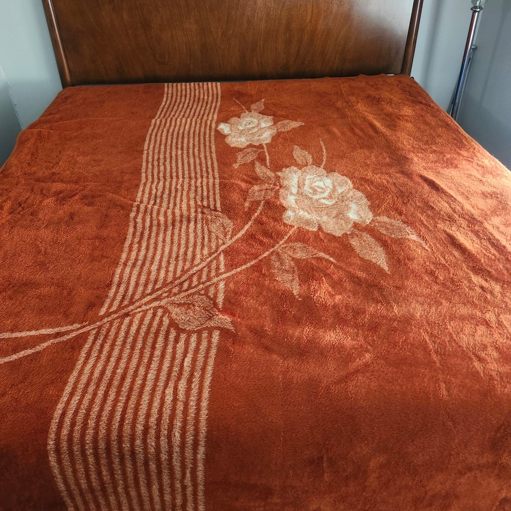 San Marcos Blanket Queen Burnt Orange Floral Rose Reversible Vintage 98x72